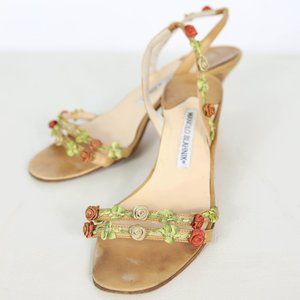 Manolo Blahnik Open-Toe Sandal Heel with Embroidered Flowers